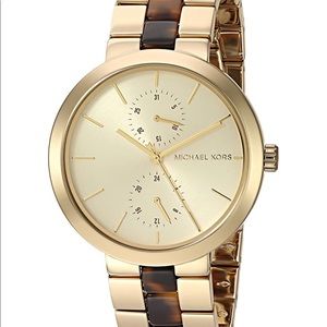 Michael Kors gold tone case with tort acetate